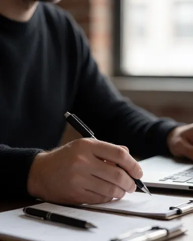 A professional man writing in a notebook with a pen, with a laptop in the background, in a modern office with natural light, working on marketing.