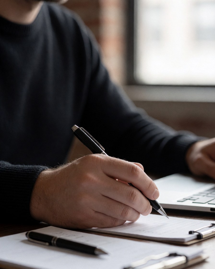 A professional man writing in a notebook with a pen, with a laptop in the background, in a modern office with natural light, working on marketing.