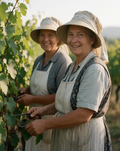 Two women workers in a vineyard cutting vines with shears, smiling, wearing hats and aprons, warm afternoon light, blurred vineyard background.