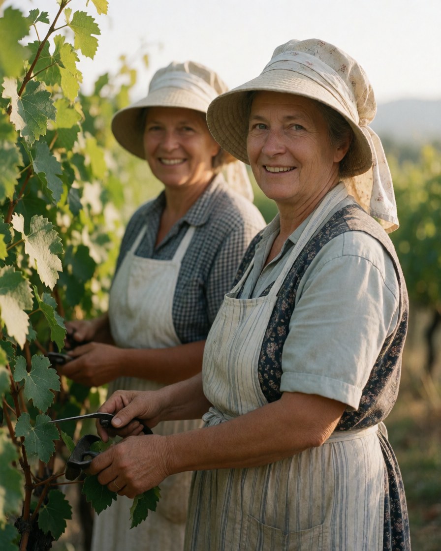 Two women workers in a vineyard cutting vines with shears, smiling, wearing hats and aprons, warm afternoon light, blurred vineyard background.