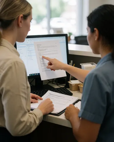 Two women collaborate at a desk with documents and a computer in a bright, professional office setting.