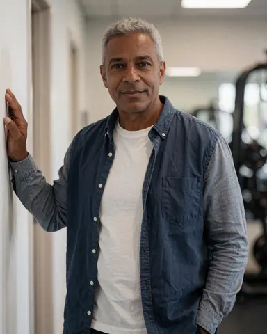 Middle-aged male gym manager in blue and white shirt leaning against a wall, looking at the camera with blurred gym equipment in the background.