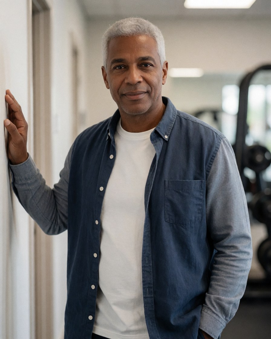 Middle-aged male gym manager in blue and white shirt leaning against a wall, looking at the camera with blurred gym equipment in the background.