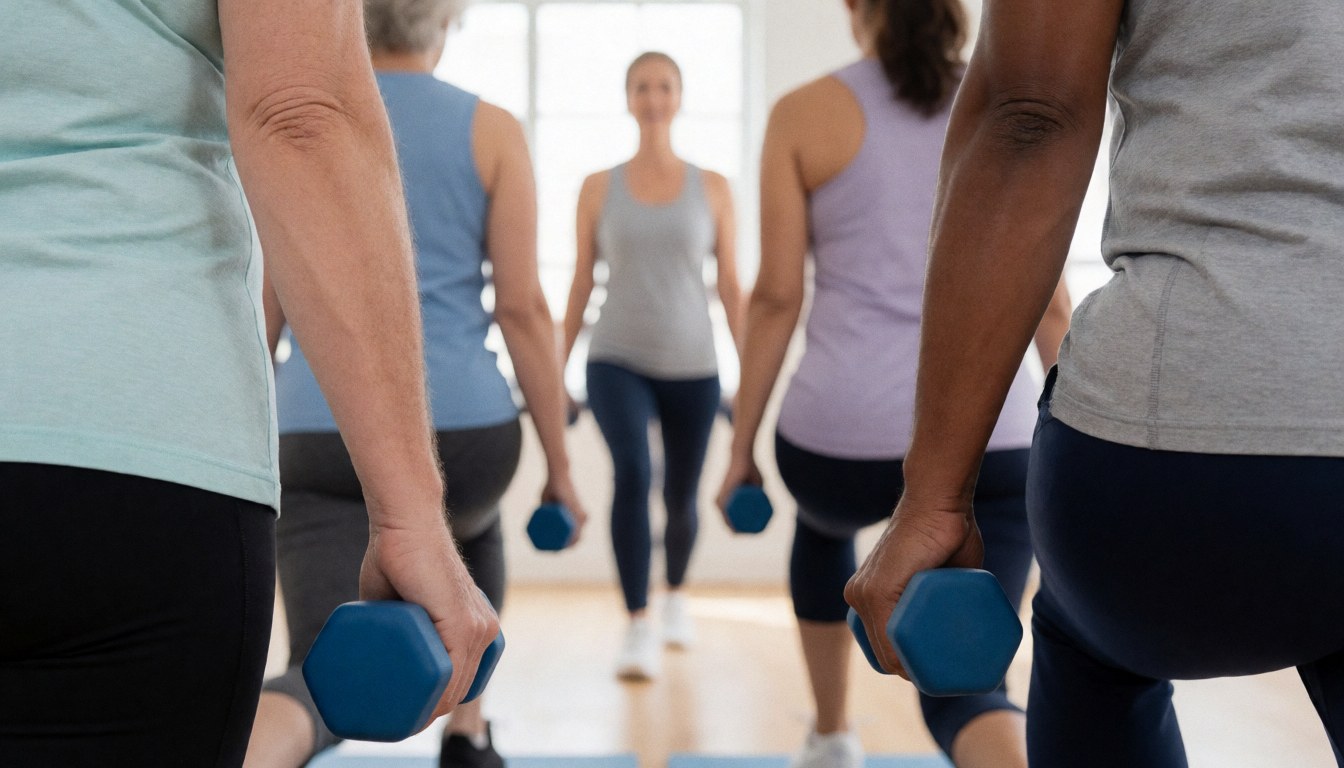 A group of adults doing lunges with blue dumbbells while an instructor stands in the blurred background of a bright, clean fitness studio.