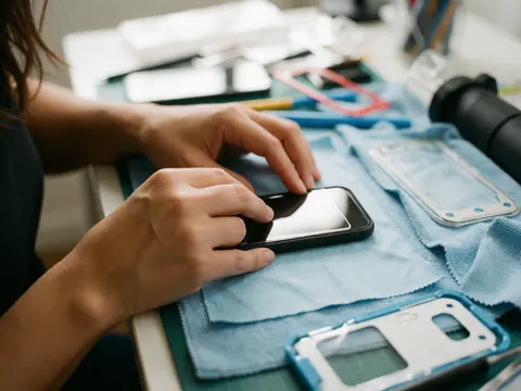 Close-up of hands applying a screen protector to a mobile phone on a microfiber cloth with repair tools nearby