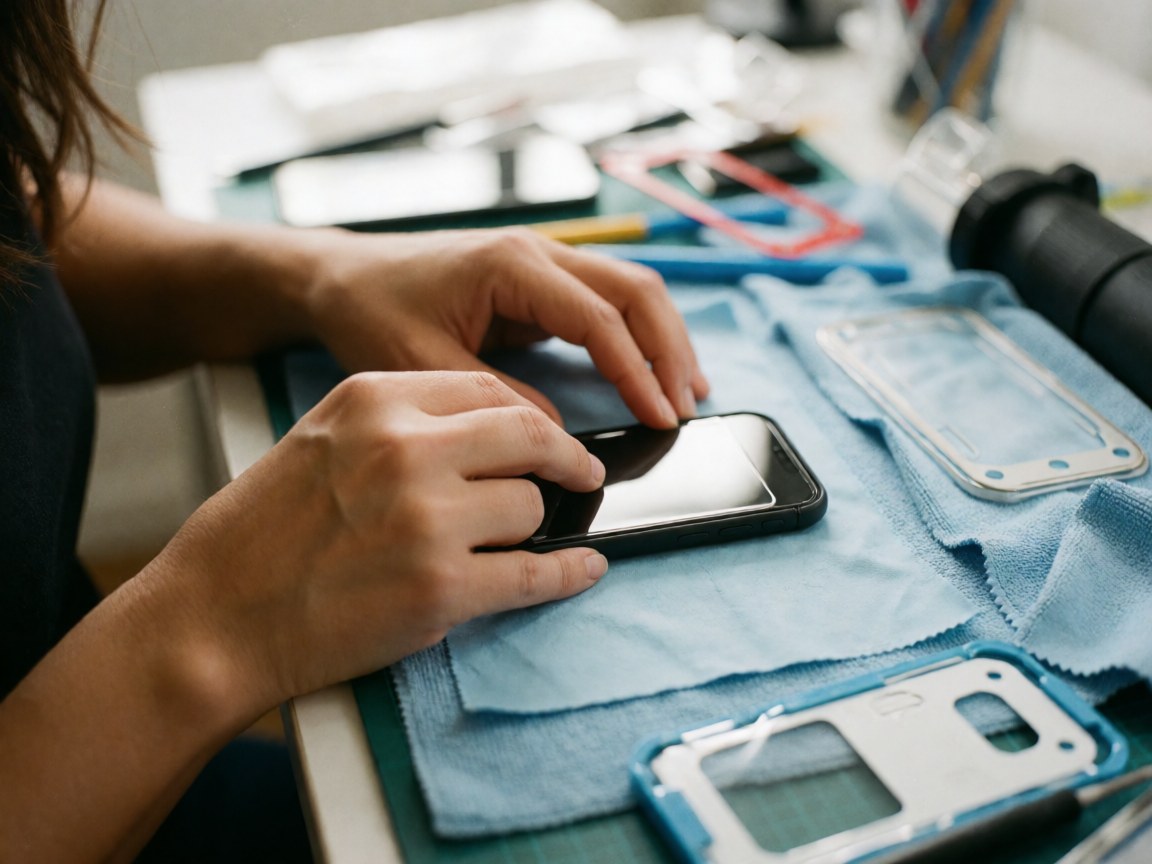 Close-up of hands applying a screen protector to a mobile phone on a microfiber cloth with repair tools nearby
