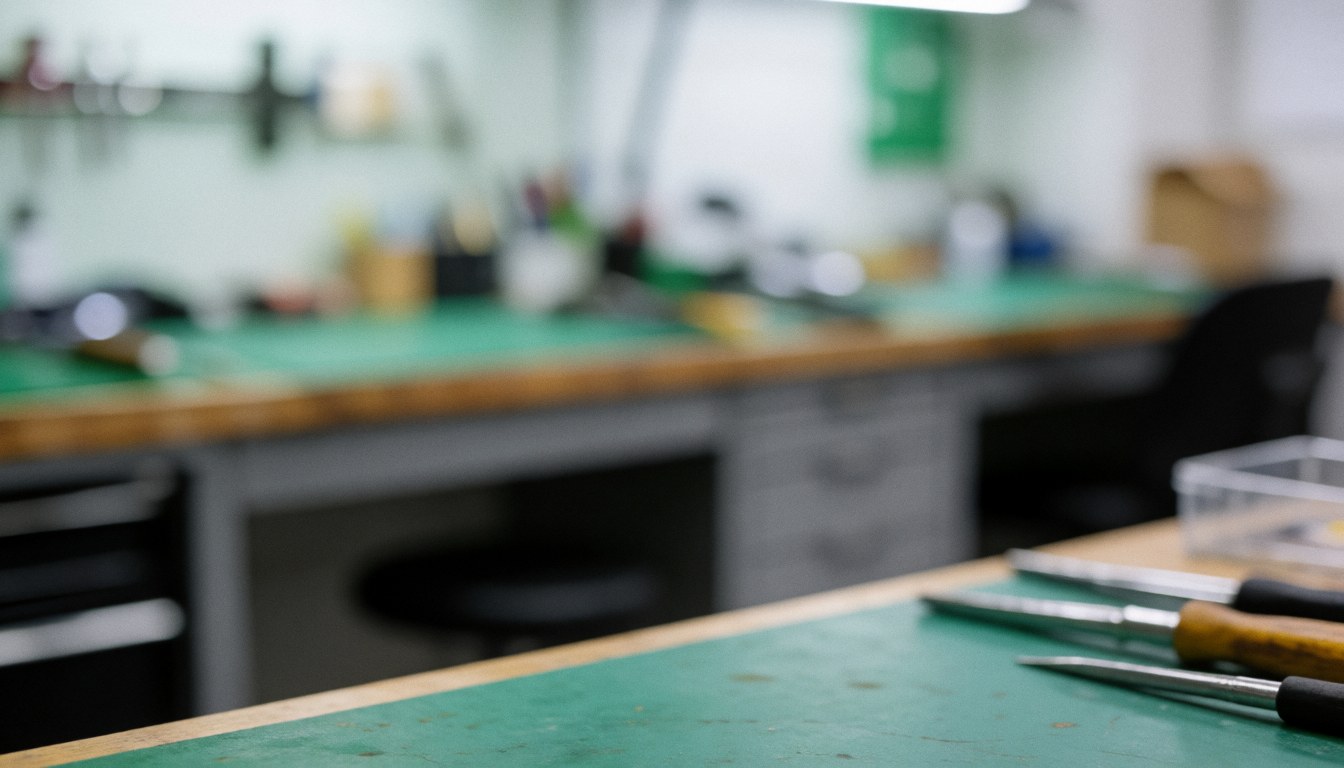 Out of focus background of a cell phone repair workshop featuring green tables, tools, and electronic equipment suitable for commercial text overlays.