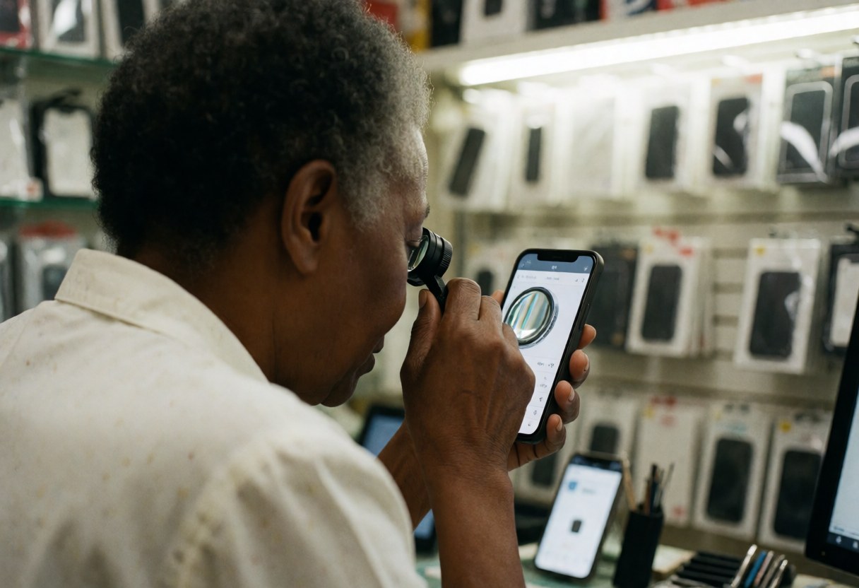 A professional woman closely examines a smartphone screen using a magnifying glass in a technology store surrounded by accessories and tools.