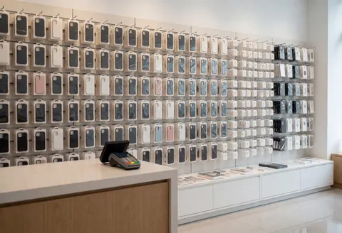 Various cell phone cases, chargers, and earphones arranged neatly on a polished wooden counter in a modern electronics store.
