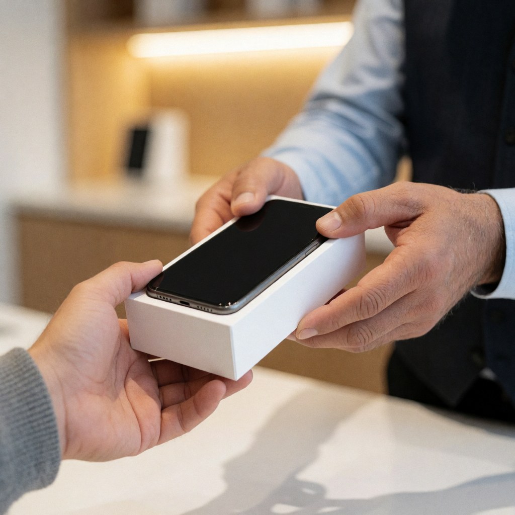 Seller handing a new boxed smartphone to a customer in a tech store with warm lighting and blurred background