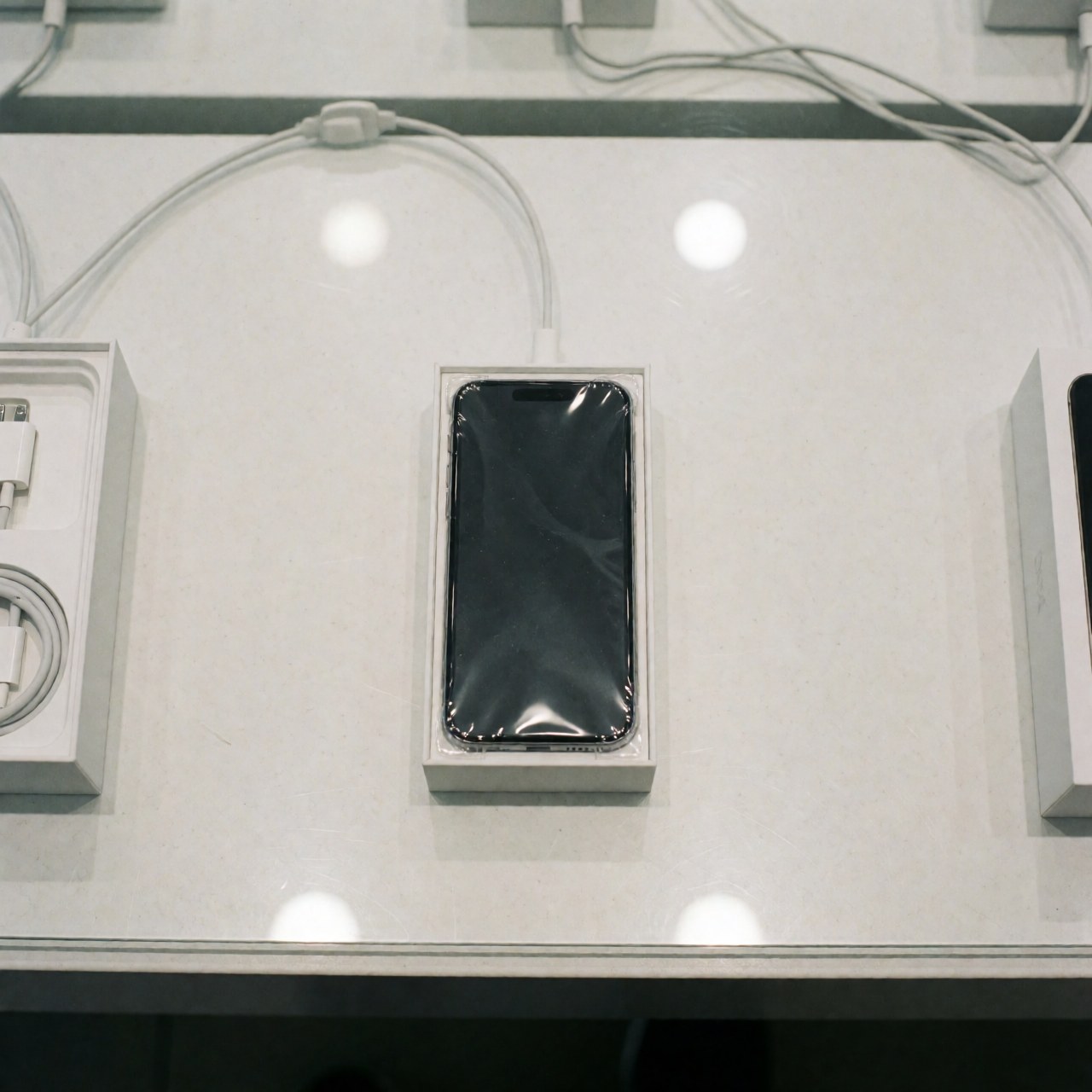 Brand new smartphone in its original packaging resting on a retail counter with a charging cable and store lighting, ready for sale.