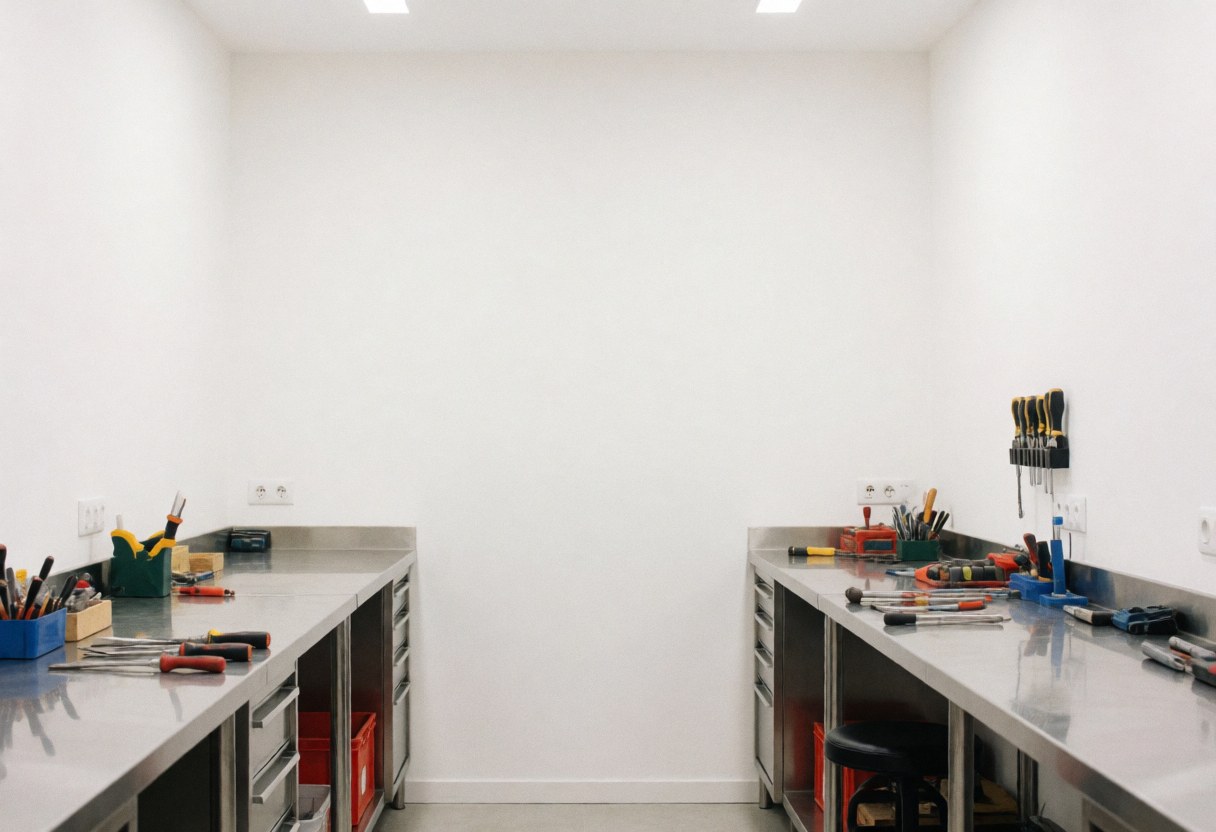 Clean minimalist electronics repair shop with stainless steel workbenches, organized tools, and white walls in a bright professional space