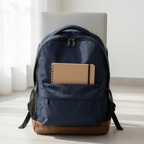 A blue university backpack with accessories, including a laptop, spiral notebook, and kraft notebook, arranged for student study and education.