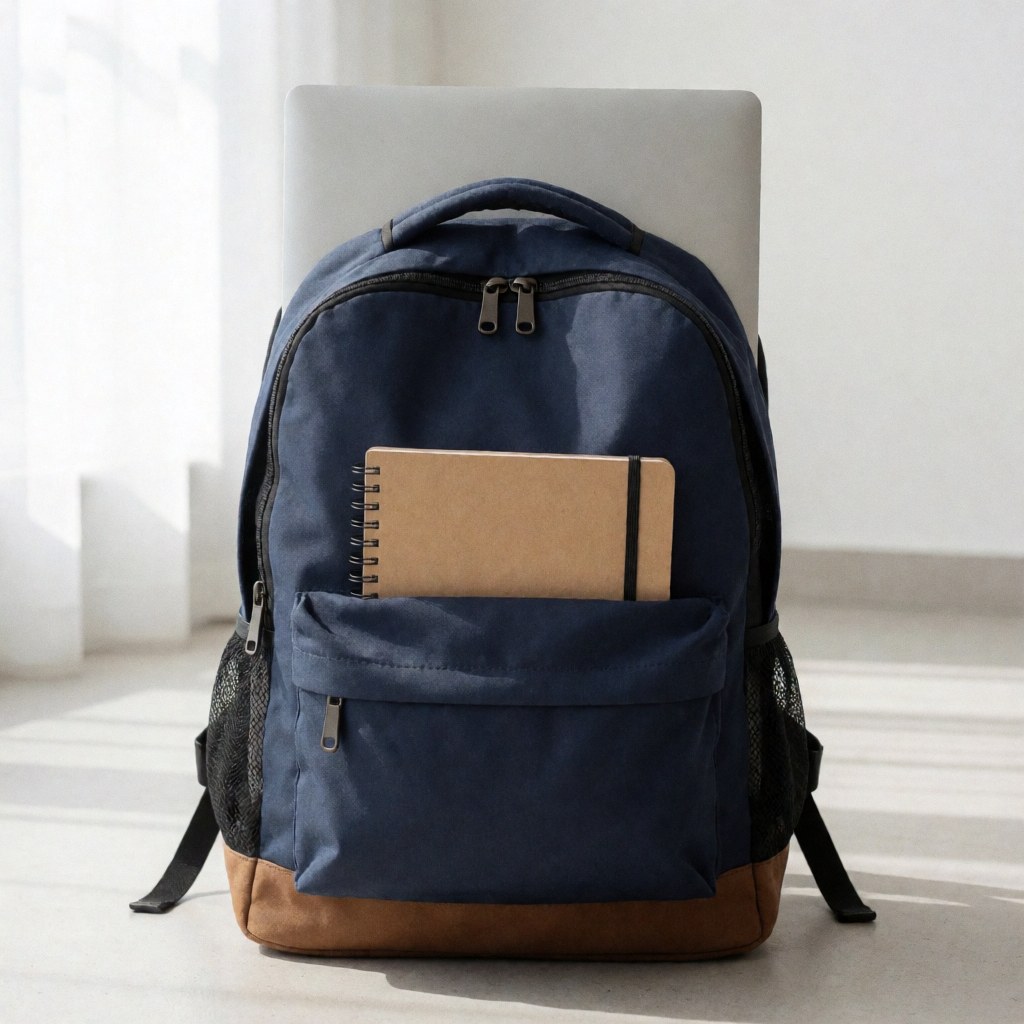 A blue university backpack with accessories, including a laptop, spiral notebook, and kraft notebook, arranged for student study and education.