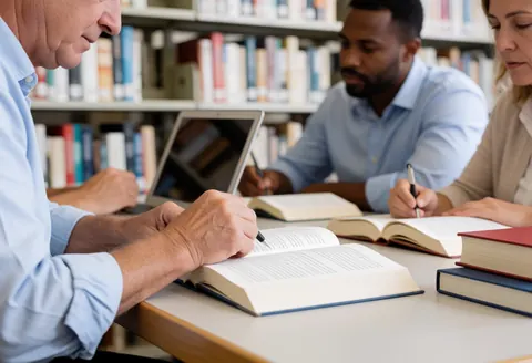 Students are studying in a university library with books and laptops