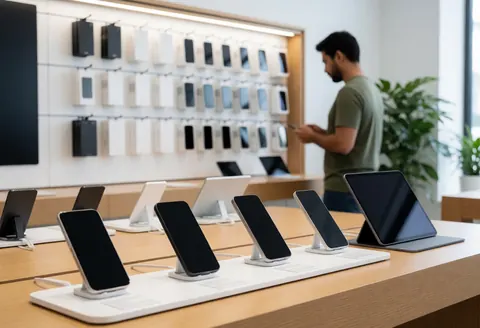 Modern electronics store featuring smartphones and tablets displayed on a light wooden table with a customer browsing and decorative plants nearby