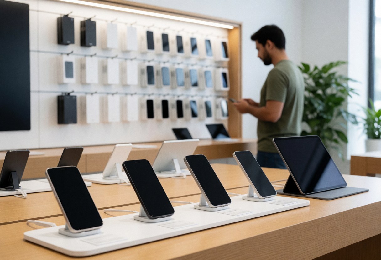 Modern electronics store featuring smartphones and tablets displayed on a light wooden table with a customer browsing and decorative plants nearby