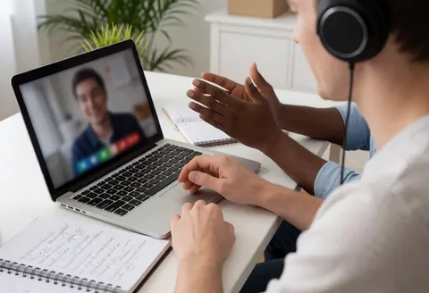 Student with headphones practicing a language online, hands on laptop, notebook with notes, plant on desk, home study environment