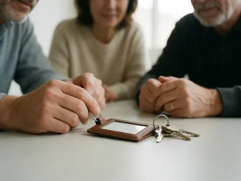 A close-up view of an identification badge and a set of keys resting on a wooden desk surface, symbolizing access and security.