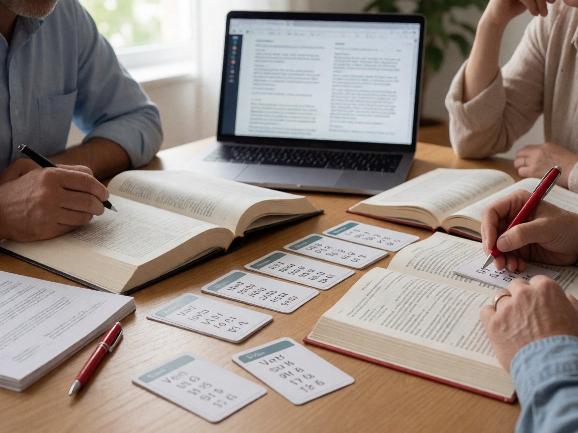 Three adults studying languages at a wooden table with open books, verb flashcards, and a laptop under natural light.