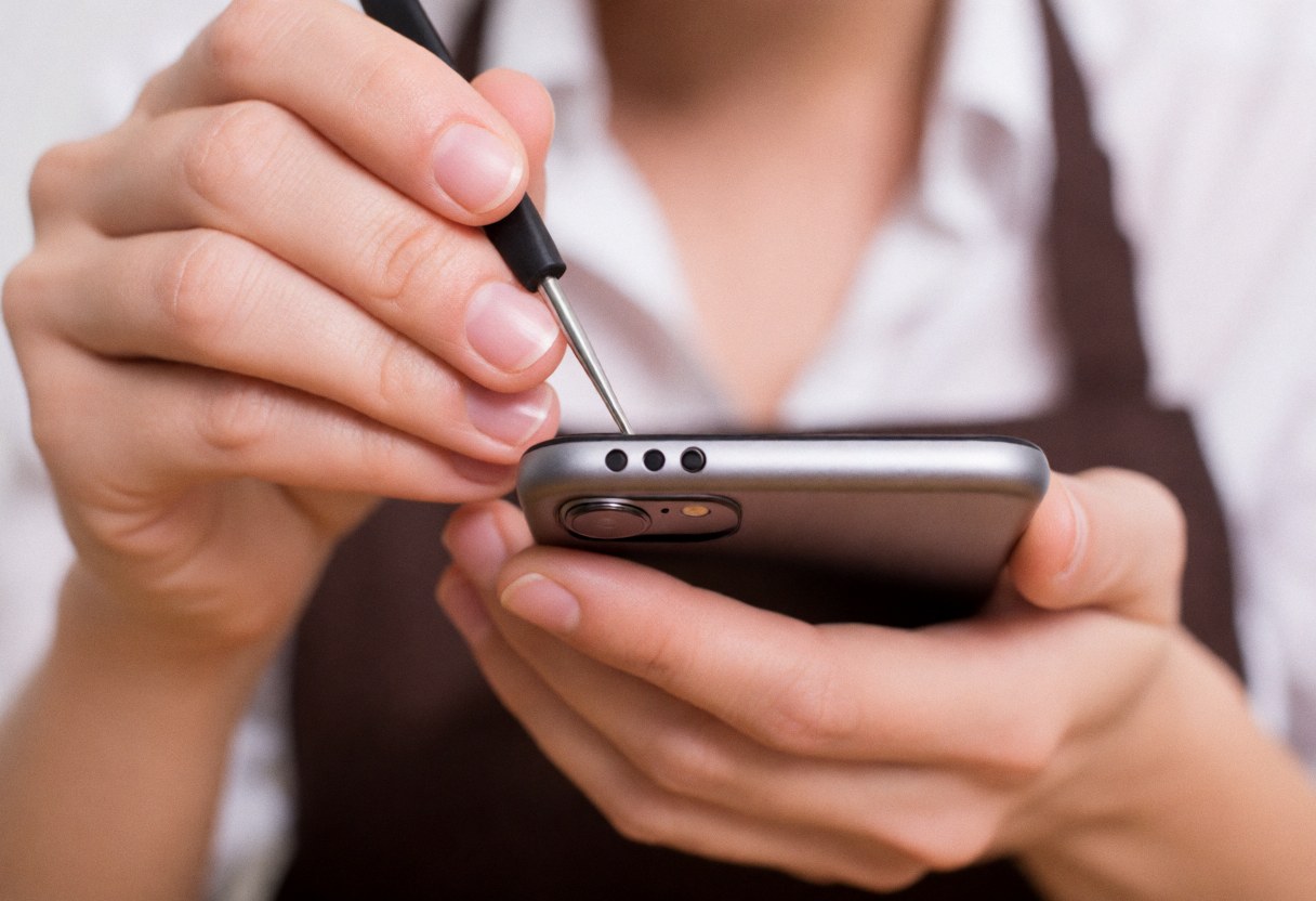 Close-up of a technician's hands using a tool to repair a smartphone, wearing an apron with a blurred background showing technical service in action