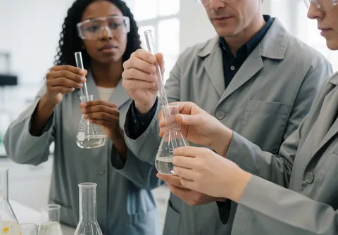 Three students in a university lab wearing safety gear handle glassware containing liquid during a science experiment