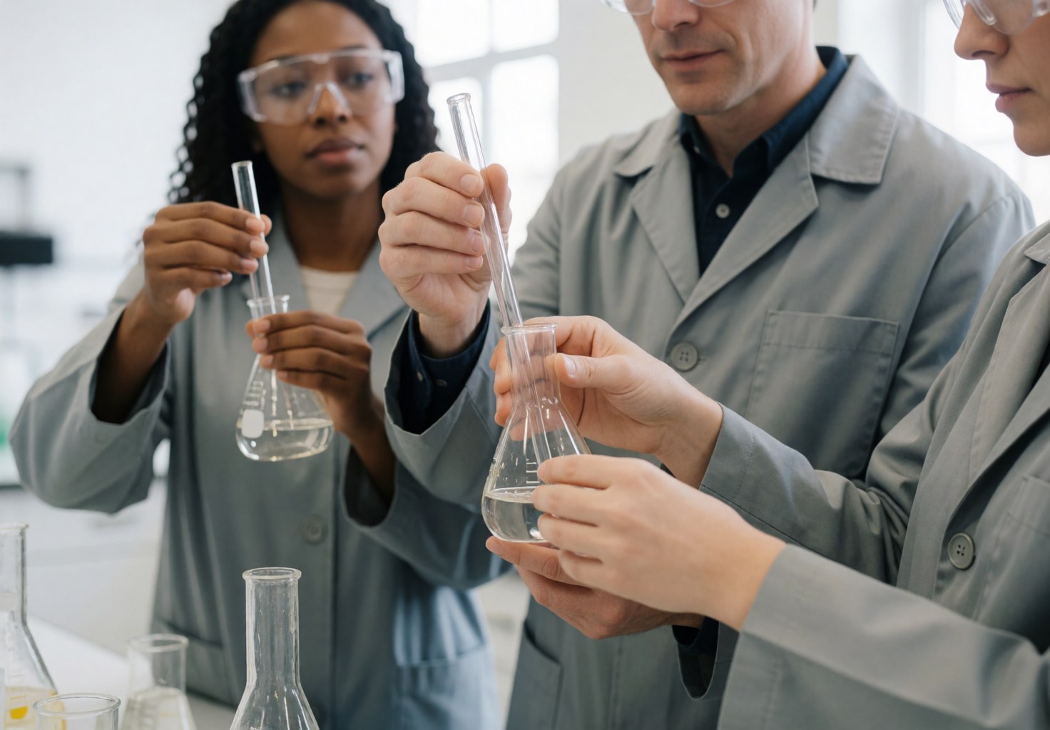 Three students in a university lab wearing safety gear handle glassware containing liquid during a science experiment