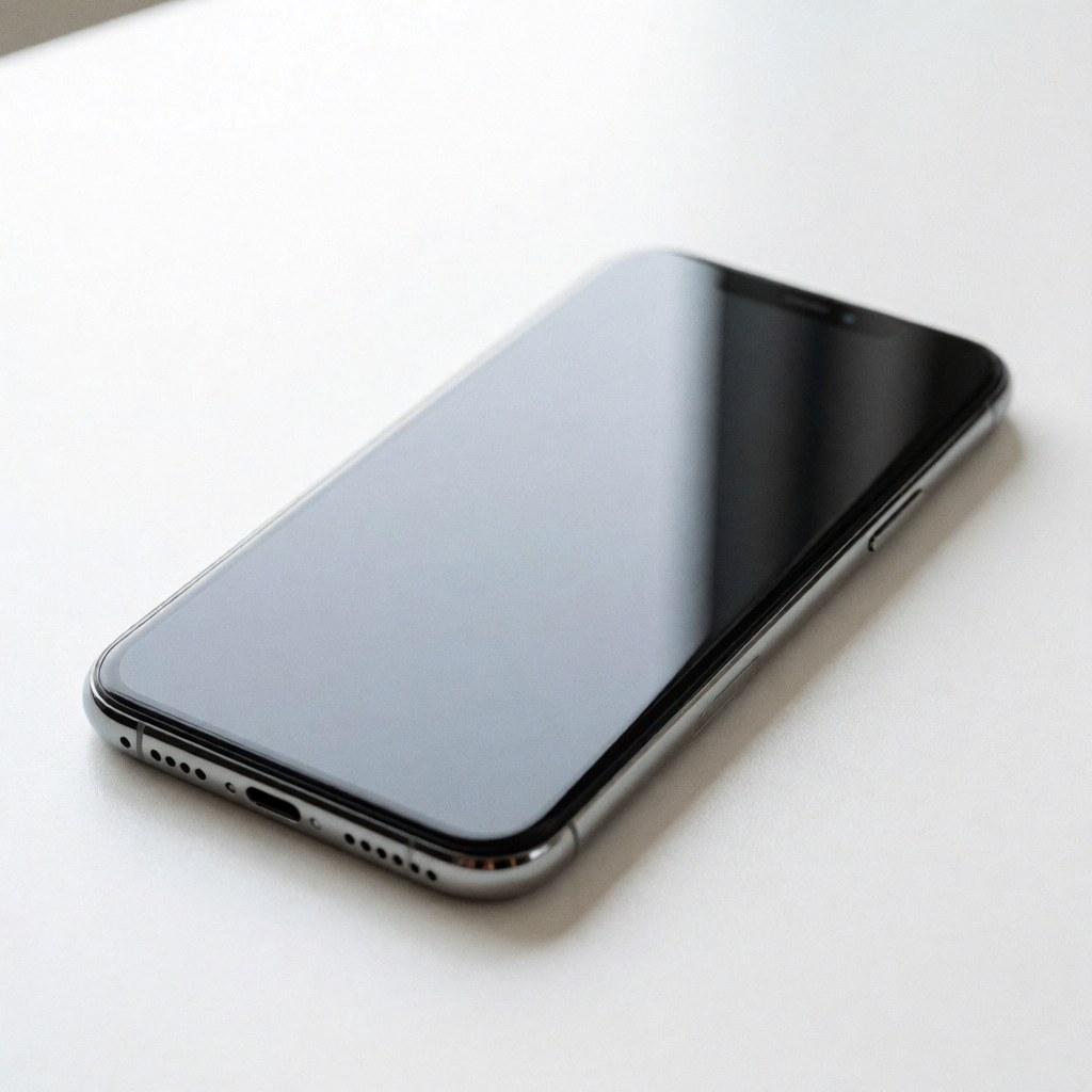 A sleek modern smartphone displayed on a clean white surface with professional studio lighting highlighting its design and screen.