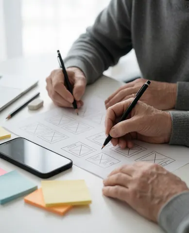 Adult hand sketching wireframes on white paper next to a smartphone, sticky notes, and pencils on a bright professional desk.