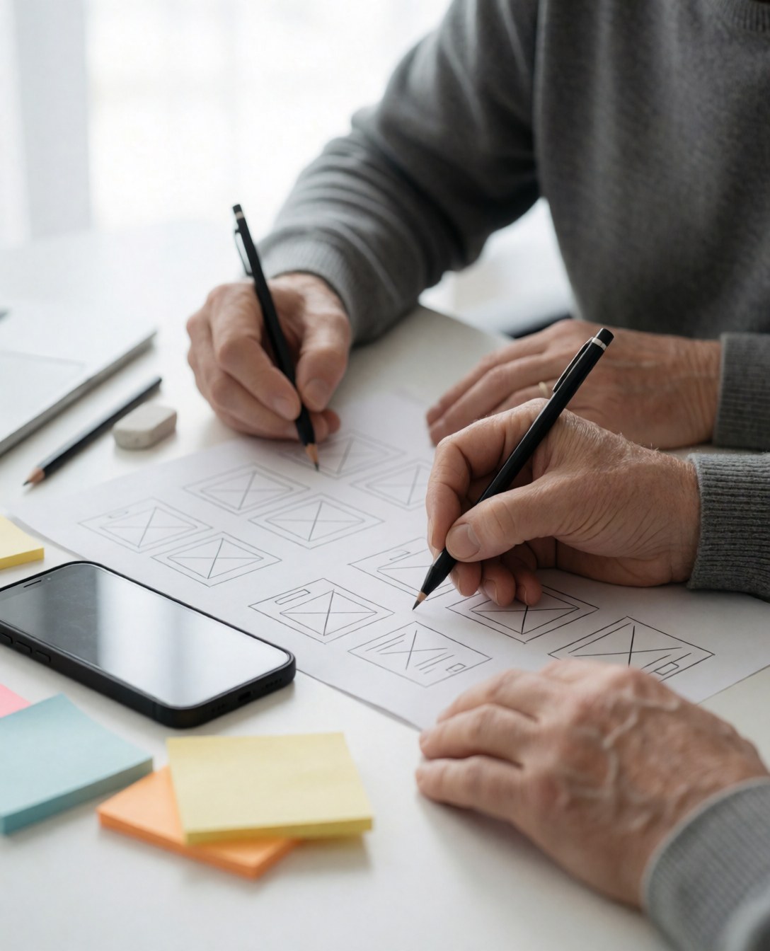 Adult hand sketching wireframes on white paper next to a smartphone, sticky notes, and pencils on a bright professional desk.