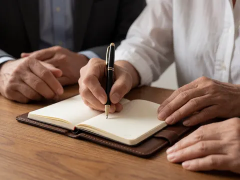 Close-up of adult hands writing with a pen in a leather notebook on a wooden desk with warm lighting