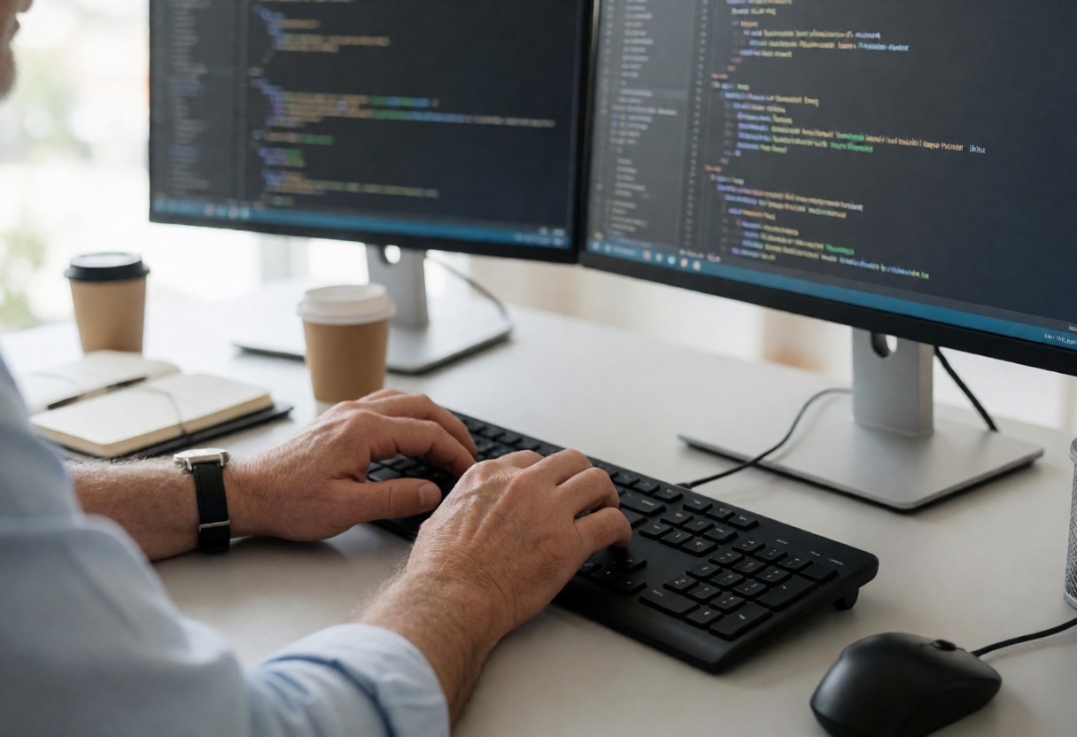 Developer typing code on dual monitors with coffee and notebook on a bright modern office desk