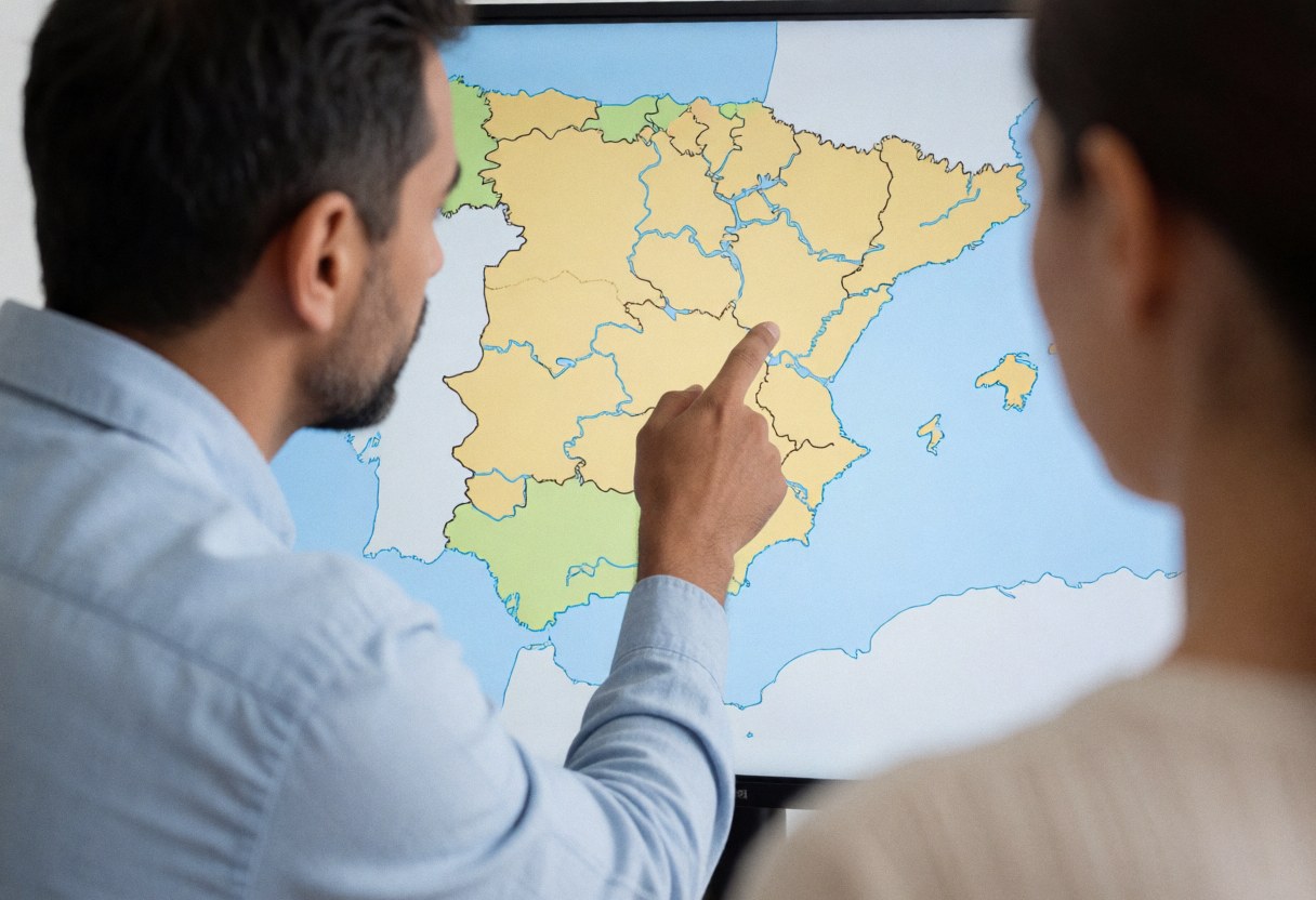 A teacher stands in front of a large screen displaying a map of Spain while explaining geography to students in a language school classroom.