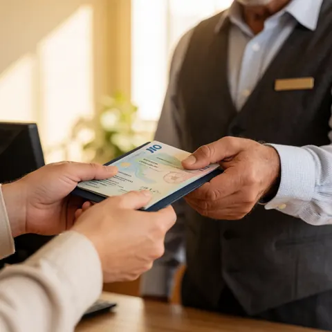 A travel agency employee hands a travel document to a client at a desk in a warm, professional office setting.