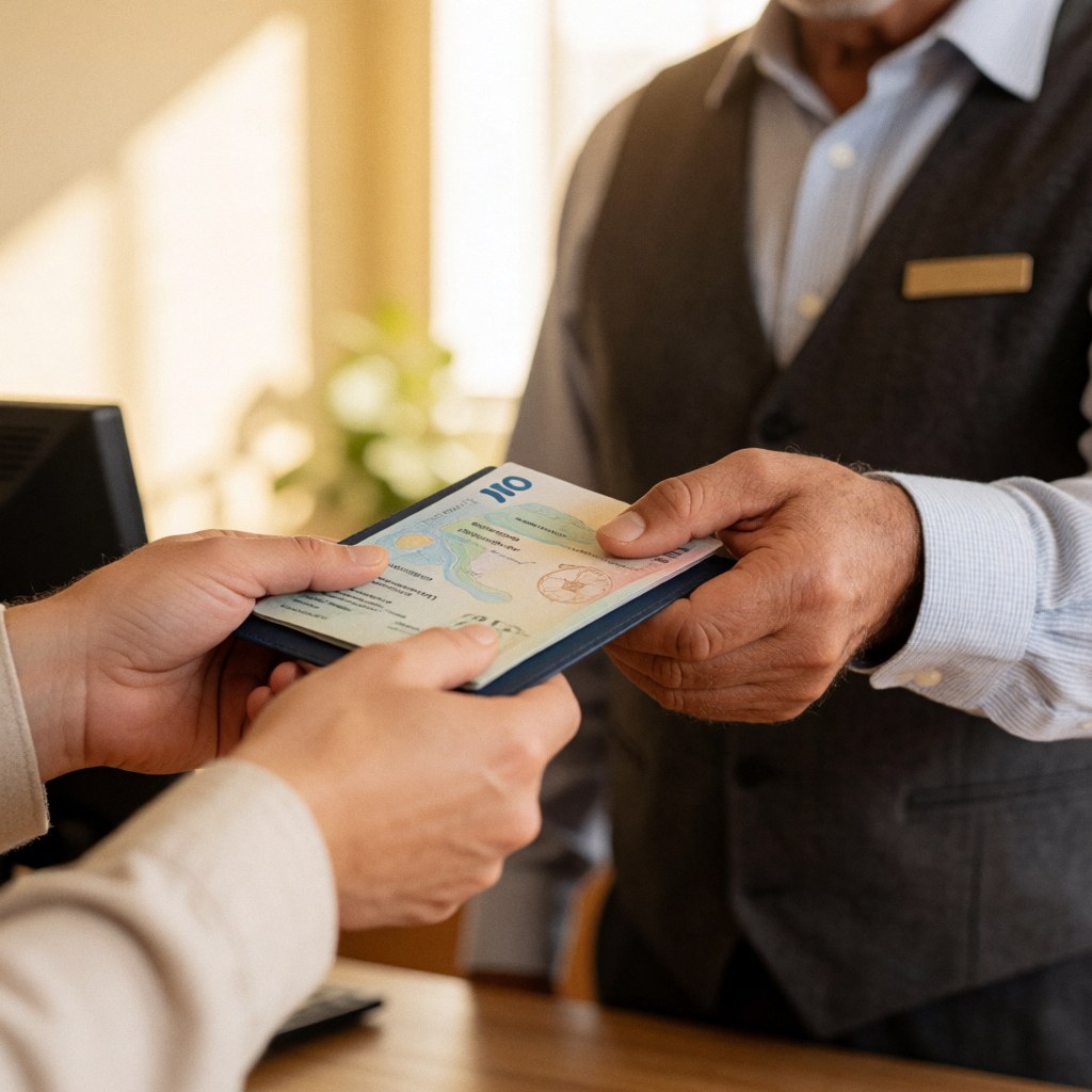 A travel agency employee hands a travel document to a client at a desk in a warm, professional office setting.