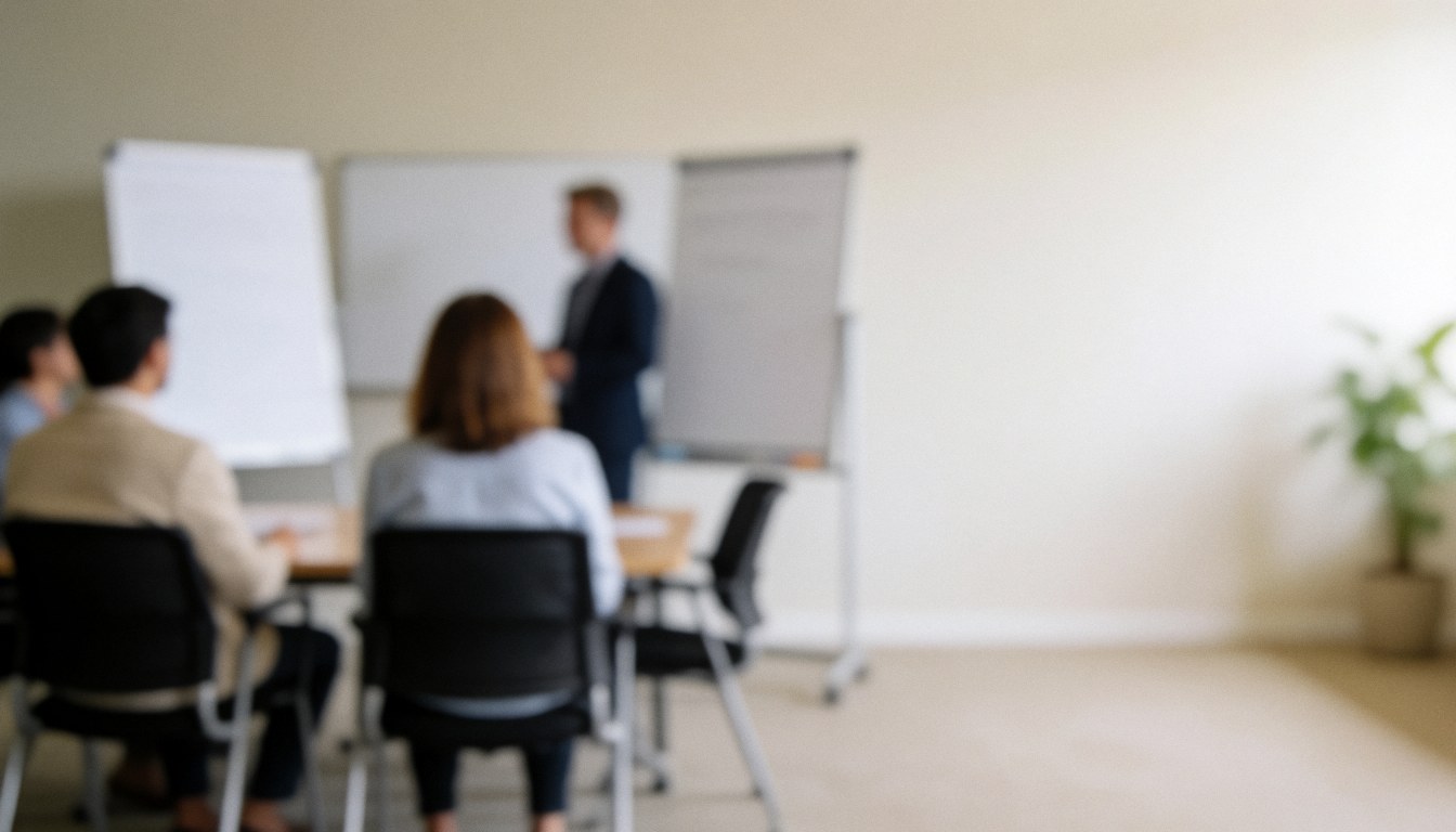 A clean white meeting room with empty chairs and a table, providing a neutral background suitable for business presentations and training materials.