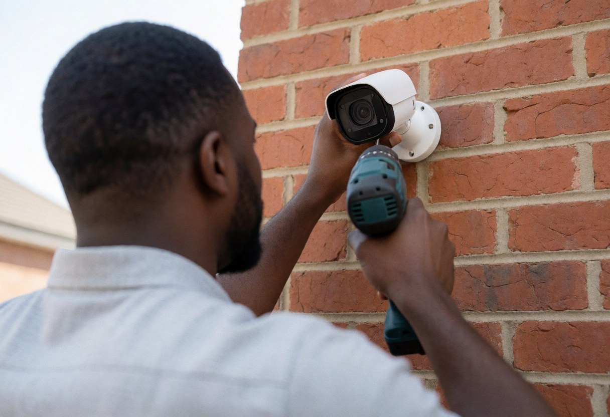 Professional installer mounting a security camera on a red brick wall using a drill during daytime service.