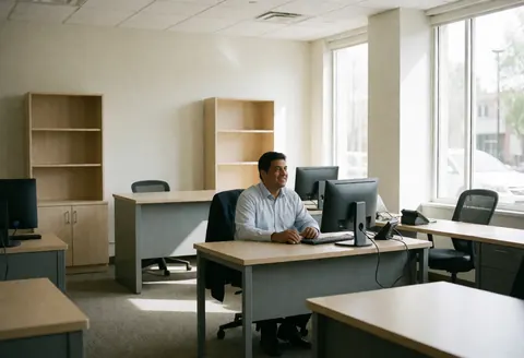 A smiling employee works on a computer in a bright, modern, and empty insurance office with desks, chairs, and shelves.