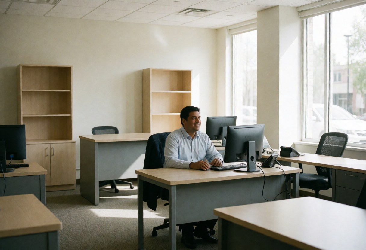 A smiling employee works on a computer in a bright, modern, and empty insurance office with desks, chairs, and shelves.