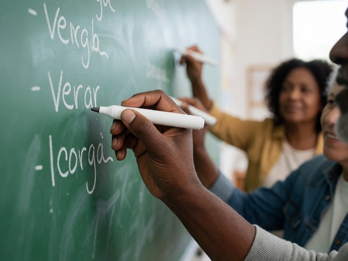 Close-up of a hand writing Spanish verb conjugations on a green chalkboard in a language school classroom