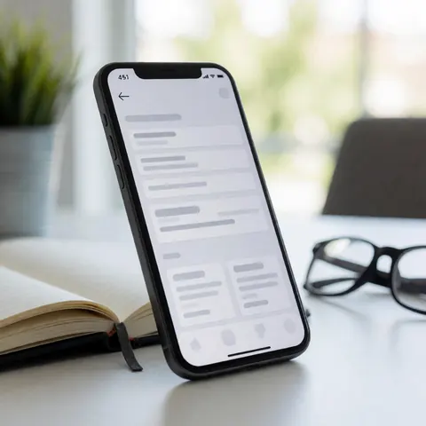 Close-up view of a smartphone displaying a digital product interface on a clean white desk with natural light, glasses, notebook, and blurred background