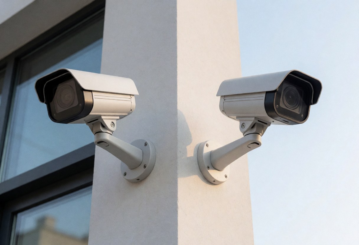 Multiple surveillance cameras installed on the exterior wall of a commercial building for security monitoring