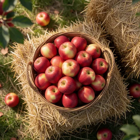 A woven basket filled with fresh red apples resting on a bed of golden hay, capturing the essence of a bountiful autumn harvest in an agricultural setting.