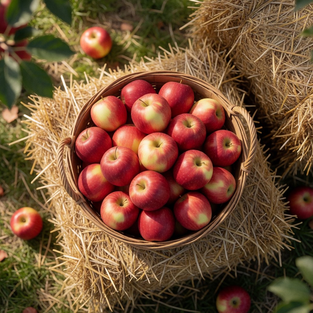 A woven basket filled with fresh red apples resting on a bed of golden hay, capturing the essence of a bountiful autumn harvest in an agricultural setting.