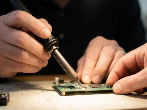 Detailed view of hands using a soldering iron to repair electronic components on a printed circuit board in a workshop setting