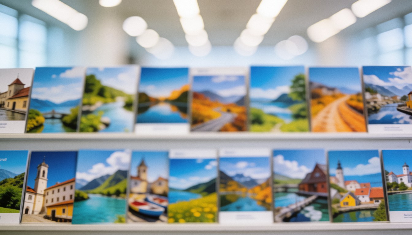 Colorful travel brochures arranged on a shelf with a soft blurred background, ideal for travel agency websites and promotional materials.