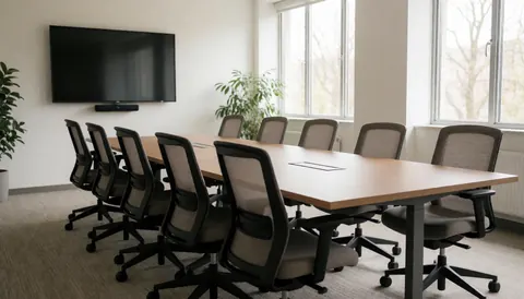 Empty modern conference room featuring a large table, office chairs, white walls, a window, and an indoor plant, ready for team meetings