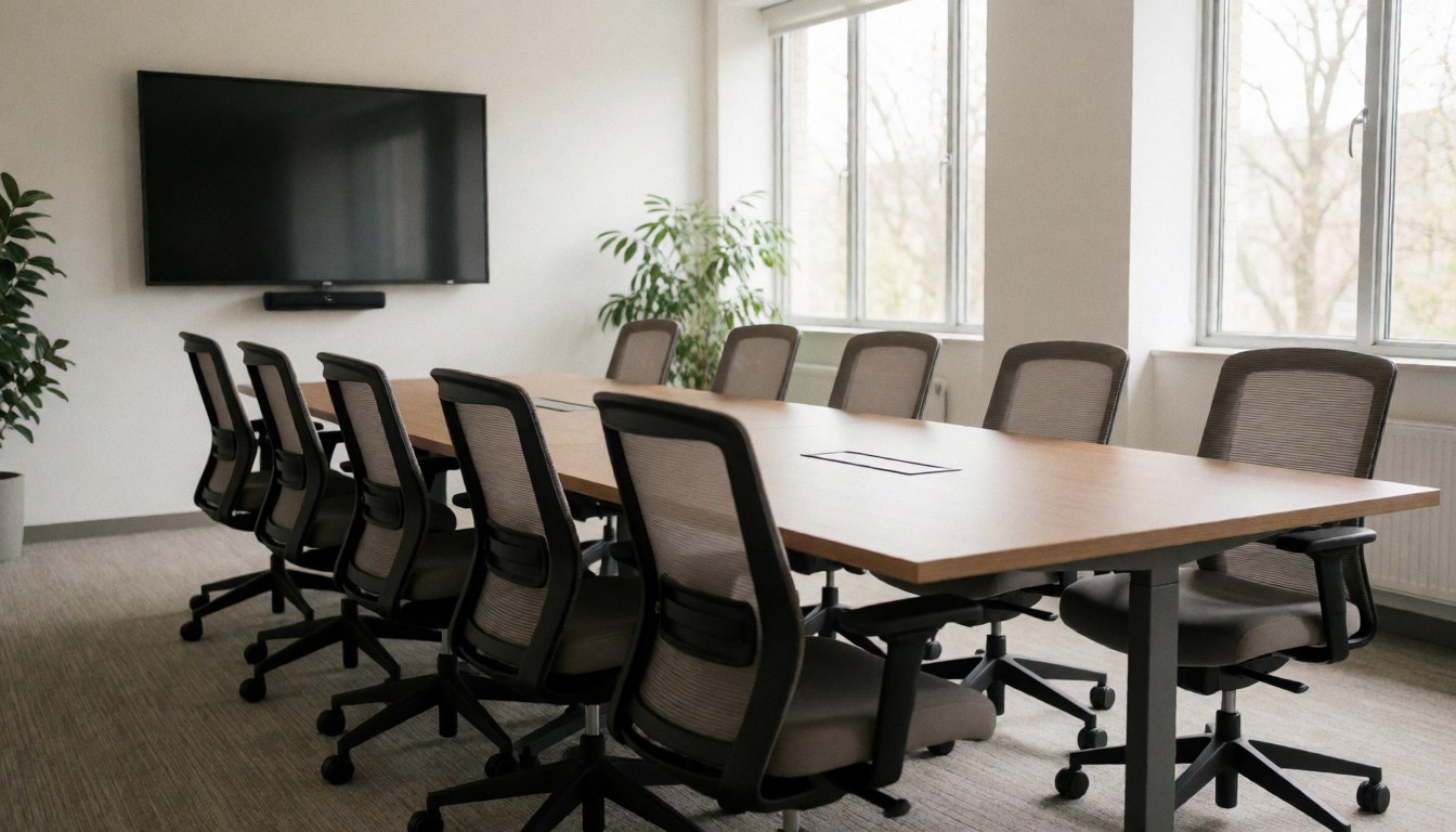 Empty modern conference room featuring a large table, office chairs, white walls, a window, and an indoor plant, ready for team meetings