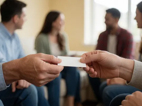 Close-up of hands exchanging a white business card in a university hall with blurred students in the background and natural lighting