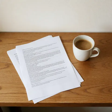 Printed syllabus and white coffee mug on a wooden table with a warm white wall and natural light, ideal for university study or work